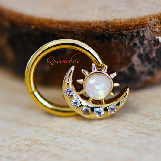 16G Opal Moon Segment Ring Daith/Septum Ring Hinged Clicker Ring Septum Ring