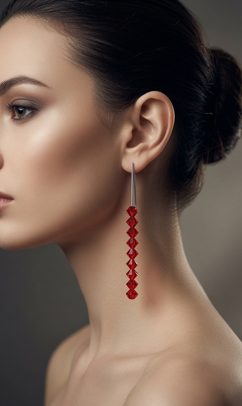 S925 Sterling Silver Red Crystal Threader Earrings - Blue, Red