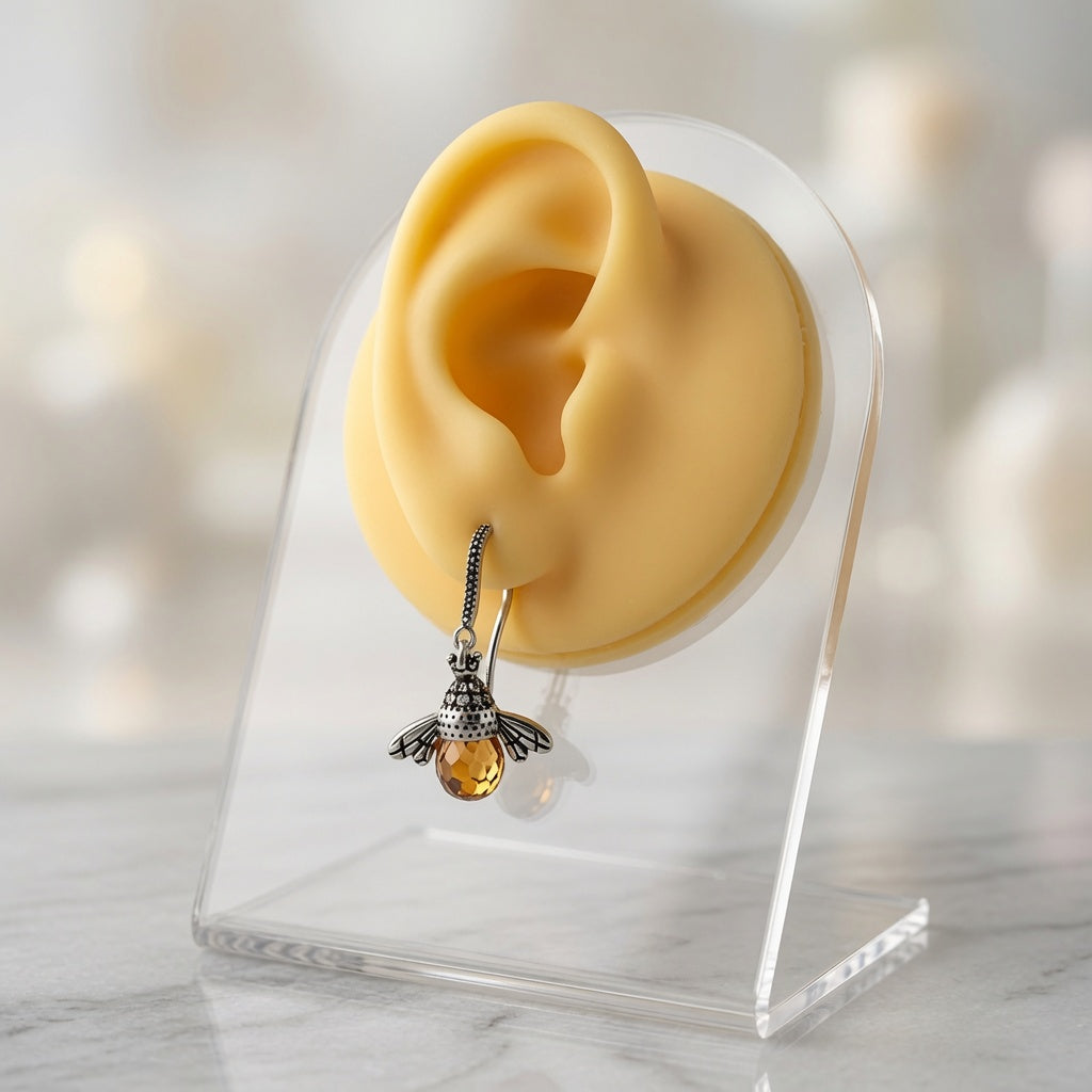 S925 Sterling Silver Bee Dangle Earrings with Honey Amber Crystal