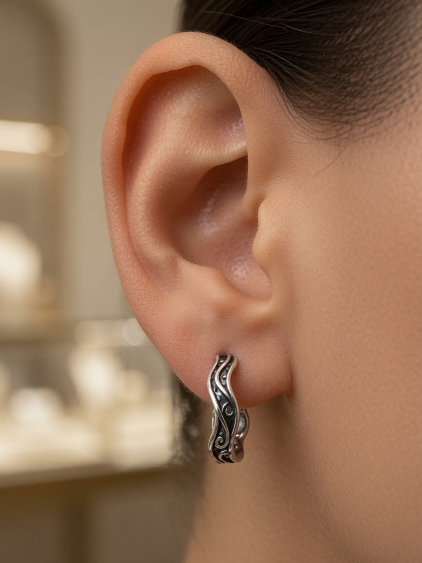 S925 Sterling Silver Ocean Wave Hoop Earrings