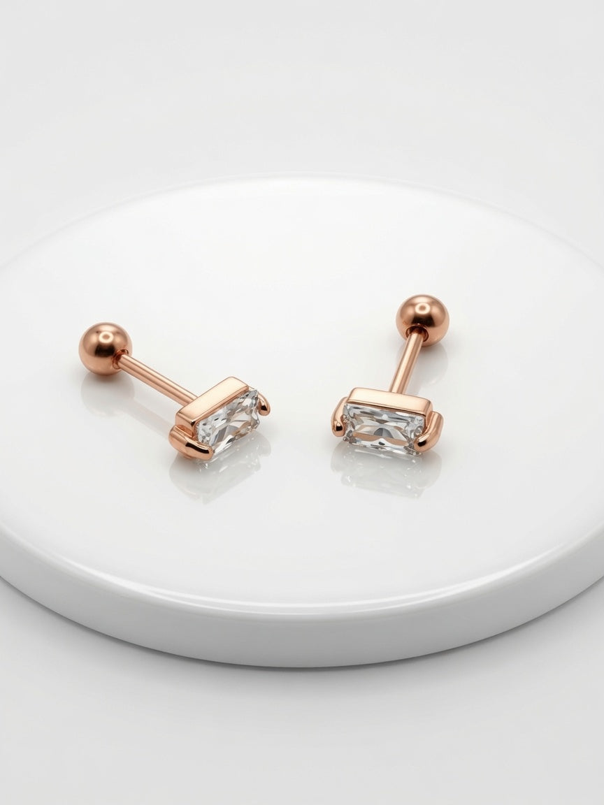 S925 Rose Gold Rectangular CZ Stud Earrings