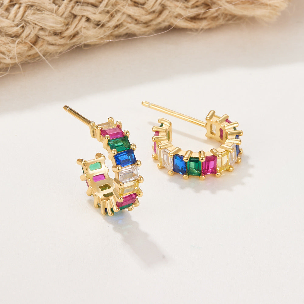 S925 Square Gems Hoop Earrings