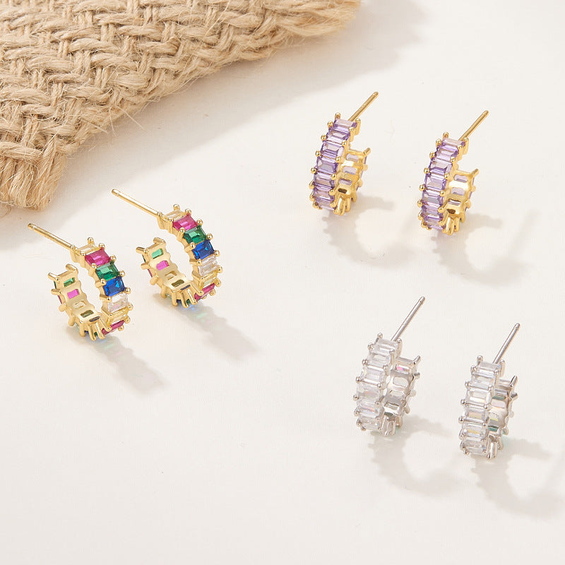S925 Square Gems Hoop Earrings