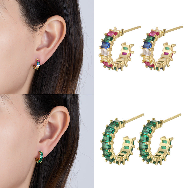 S925 Square Gems Hoop Earrings