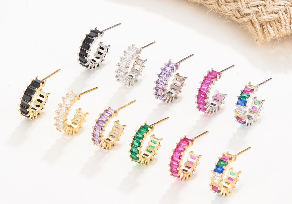 S925 Square Gems Hoop Earrings