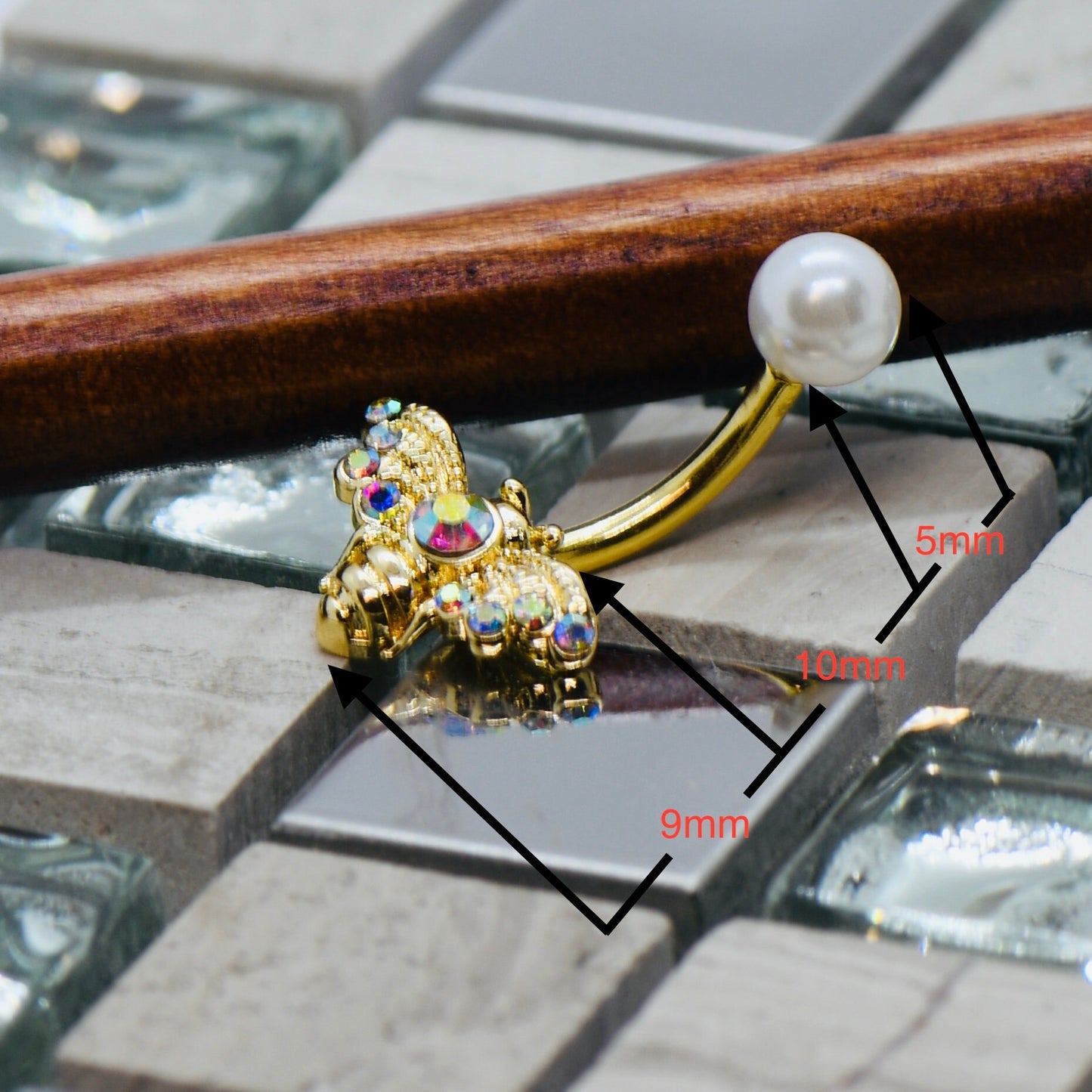 14G 316L Surgical Steel Golden Bee With AB Crystals & Pearl Belly Bar Navel Ring Navel Piercing Jewellery