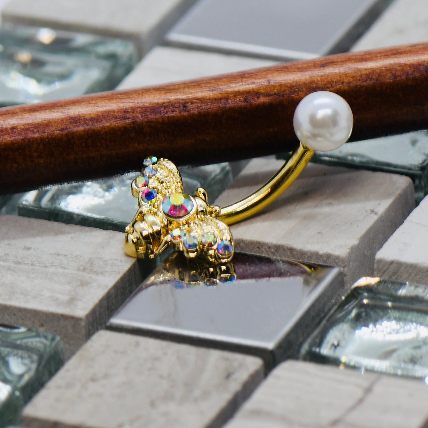 14G 316L Surgical Steel Golden Bee With AB Crystals & Pearl Belly Bar Navel Ring Navel Piercing Jewellery