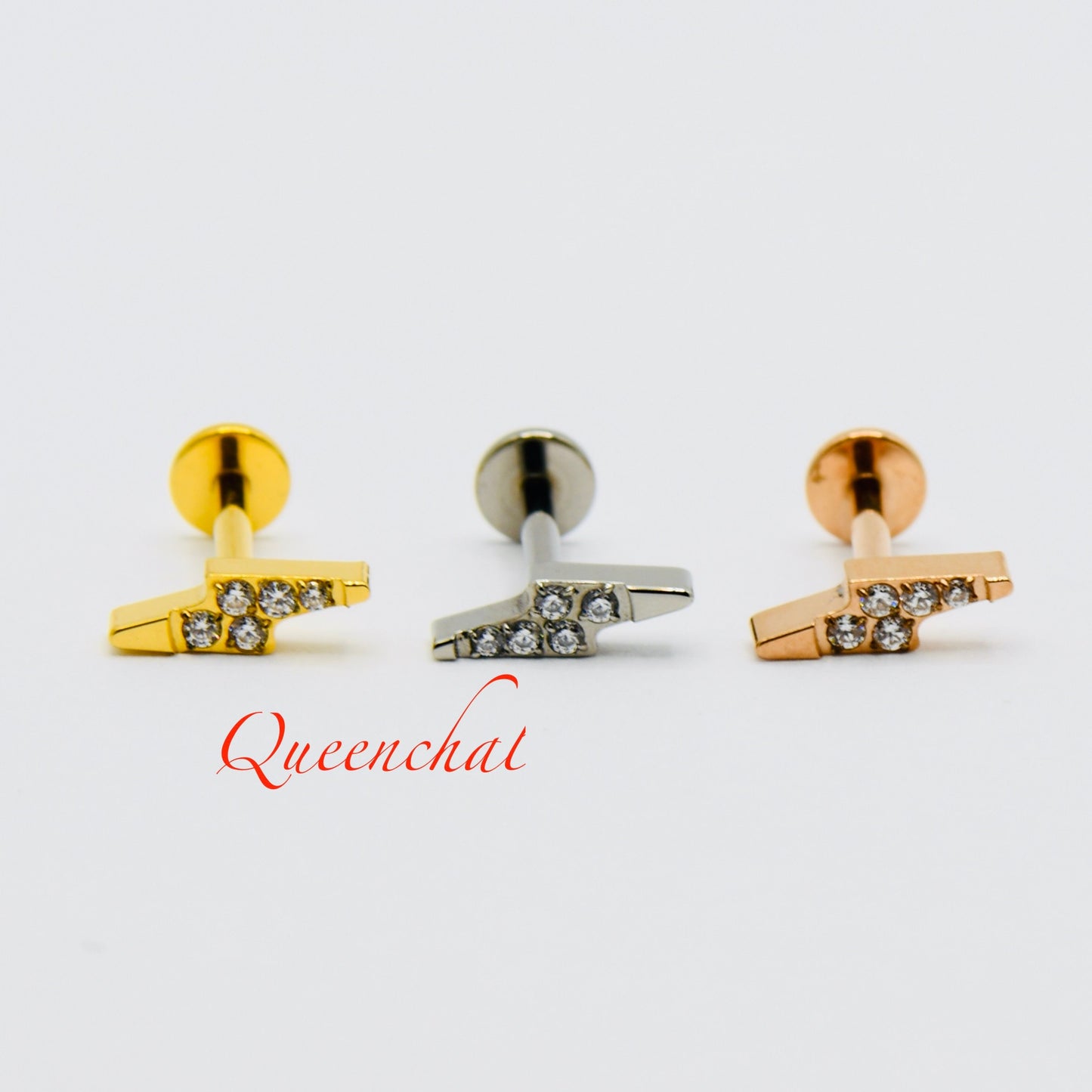 F136 Titanium 18g, 16g Lighting Bolt Push Pin Labret Cartilage Stud, Helix, Conch Ear Piercing Floral Labret Stud
