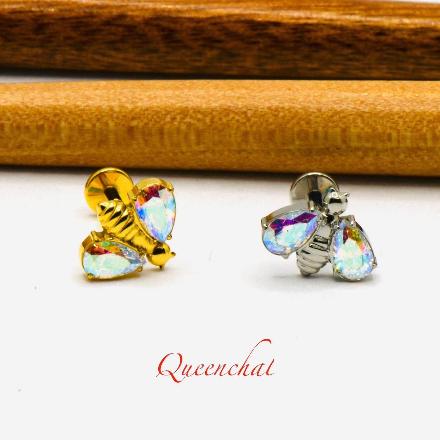 316L Surgical Steel 16G Internally Threaded AB Cz Bee Labret Stud Earring 8mm Bar