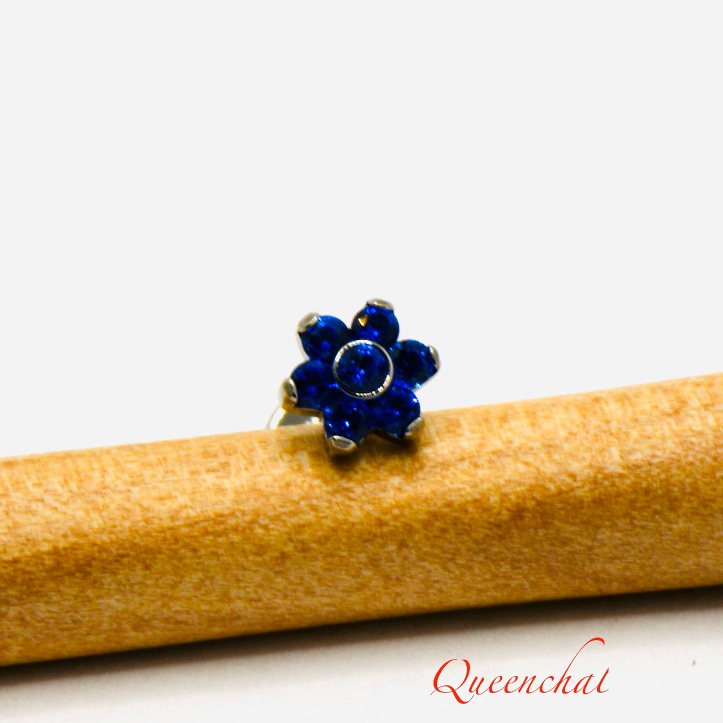 16G, F316 Titanium Blue CZ Flower Labret Internally Threaded 8mm Bar