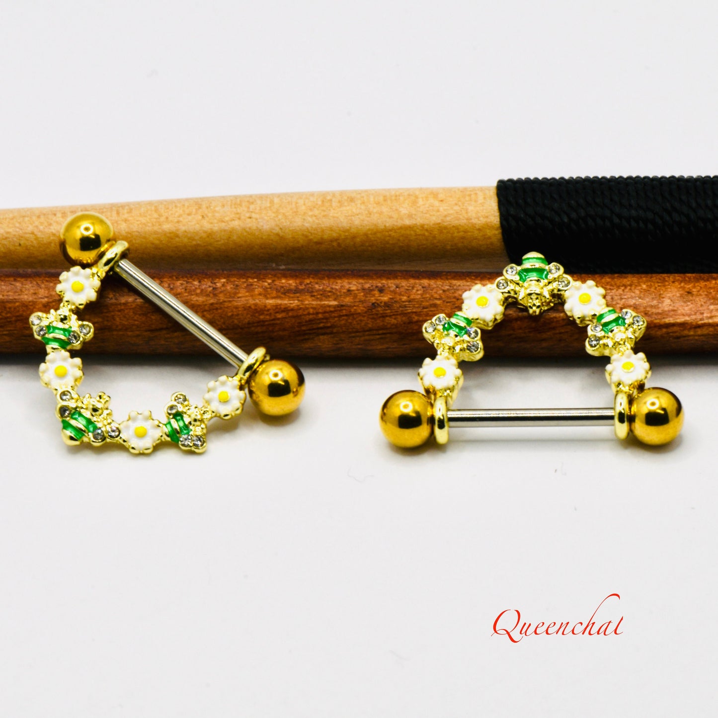 316L Surgical Steel 14G Bees & Flowers Nipple Ring Floral Nipple Bars