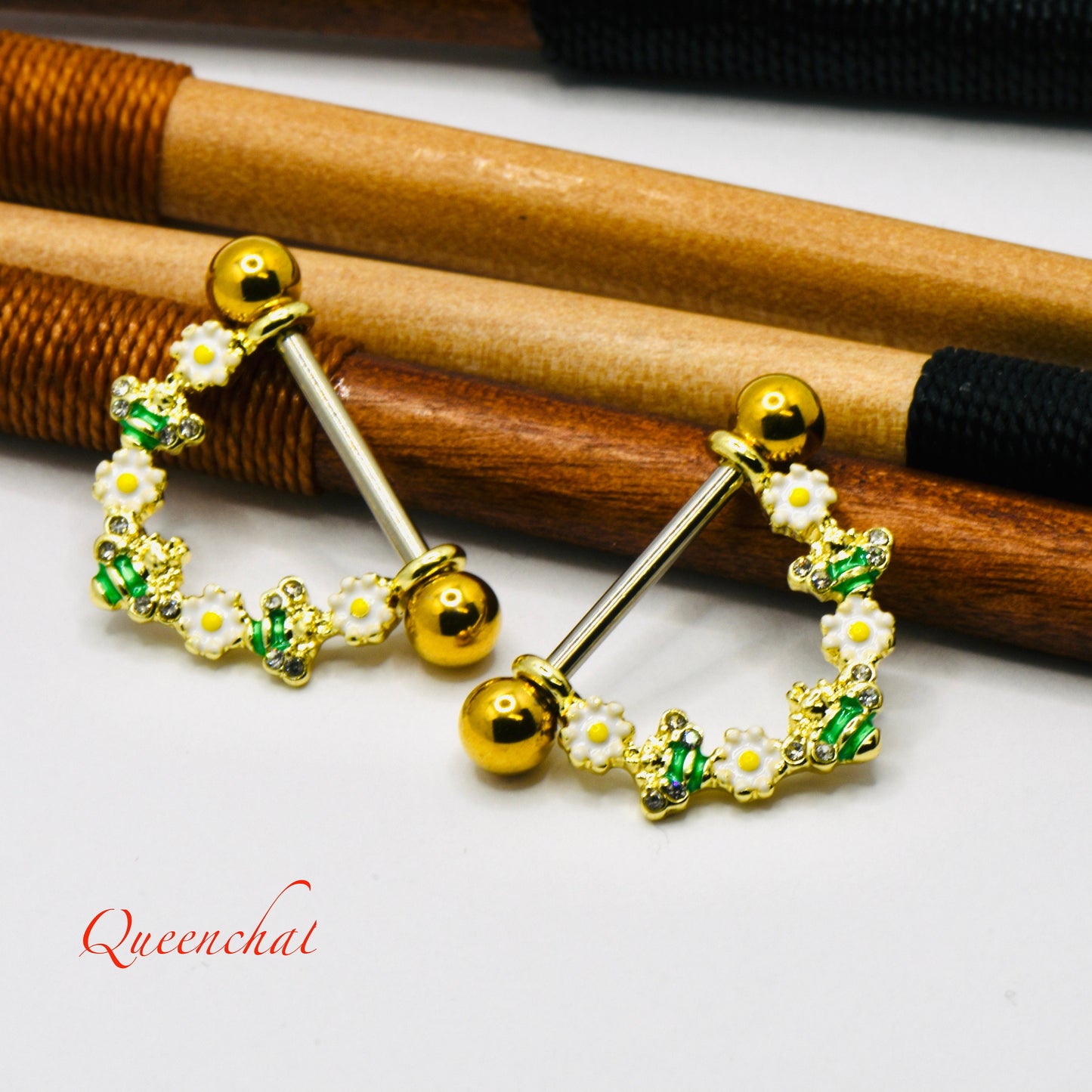 316L Surgical Steel 14G Bees & Flowers Nipple Ring Floral Nipple Bars
