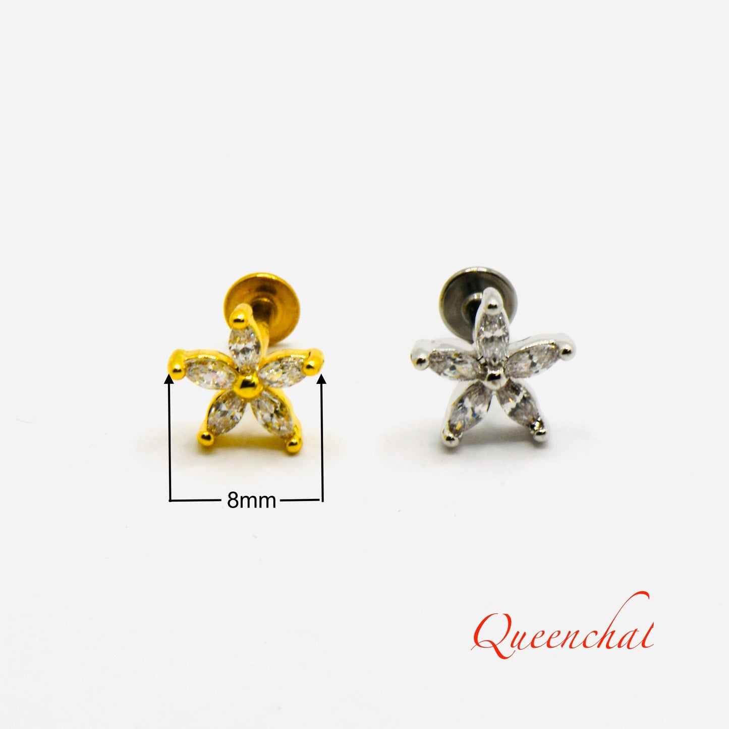 16G 316L Surgical Steel Clear CZ Floral Labret Stud Earring, Upper Helix, Cartilage Labret Body Piercing Jewellery