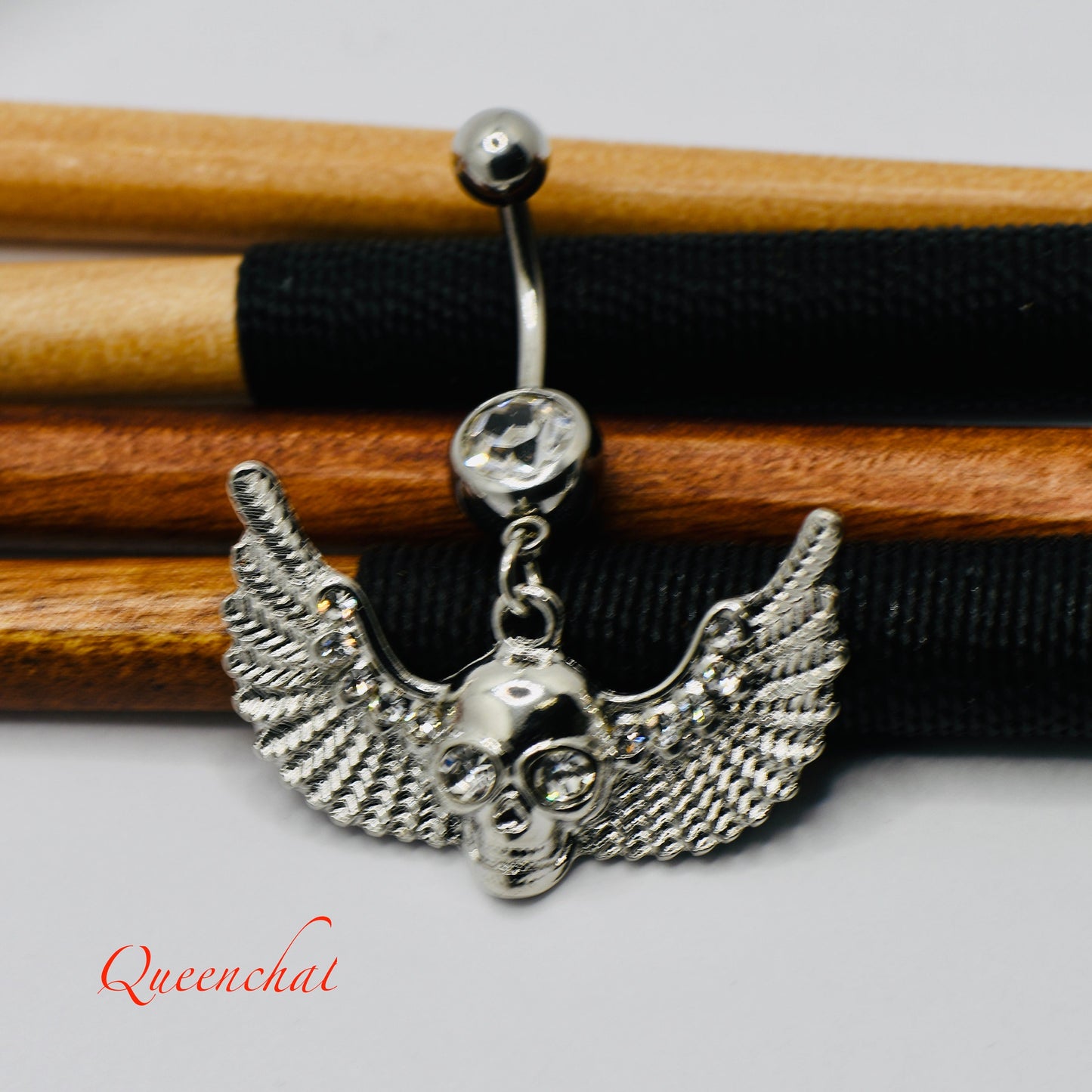 14G 316L Surgical Steel Hallowe'en Skeleton Head With Angel Wings Spooky Belly Bar