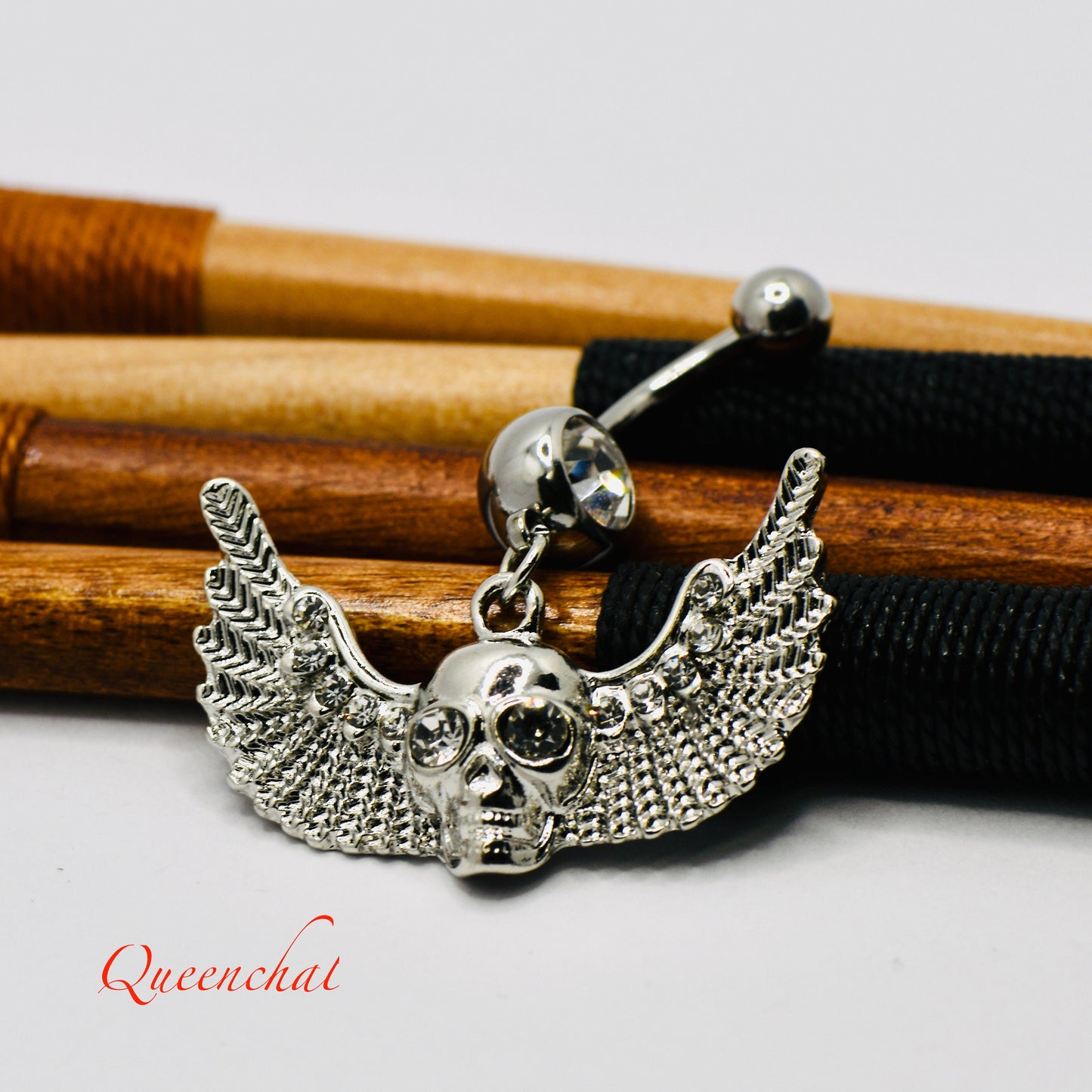 14G 316L Surgical Steel Hallowe'en Skeleton Head With Angel Wings Spooky Belly Bar
