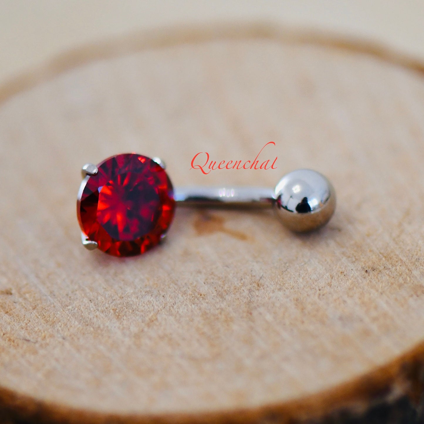 316L Surgical Steel 14G Red CZ Belly Bar, Navel Ring Belly Piercing Jewellery Silver Navel Bar