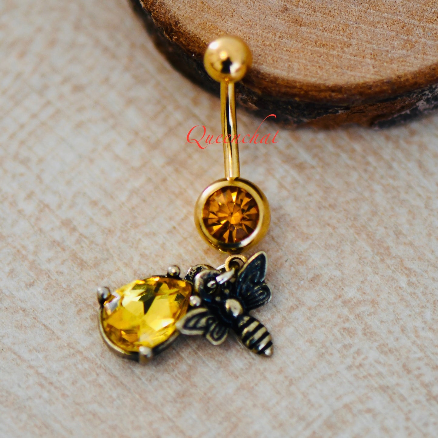 316L Surgical Steel 14G CZ Golden Bee Dangling Belly Bar, Navel Ring