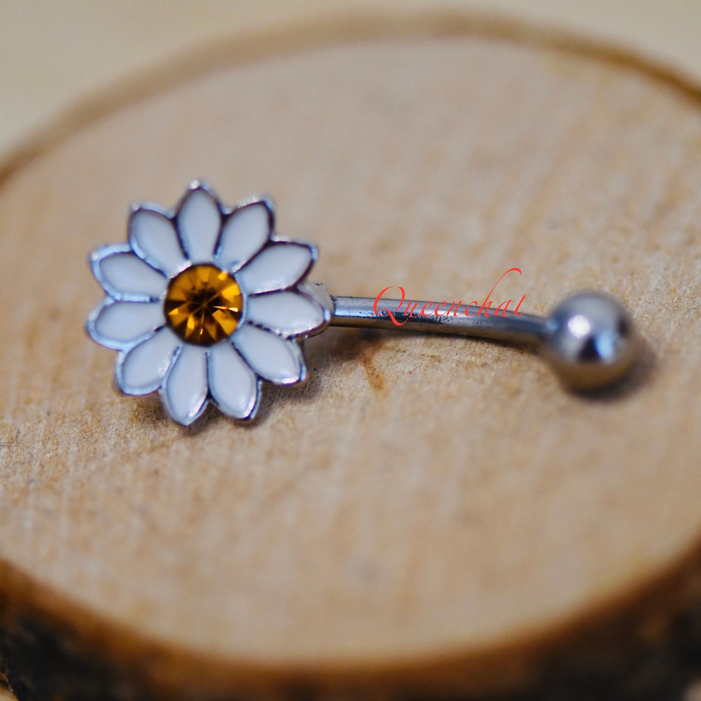 316L Surgical Steel 14G White Daisy Flower Belly Bar, Navel Ring Belly Piercing Jewellery