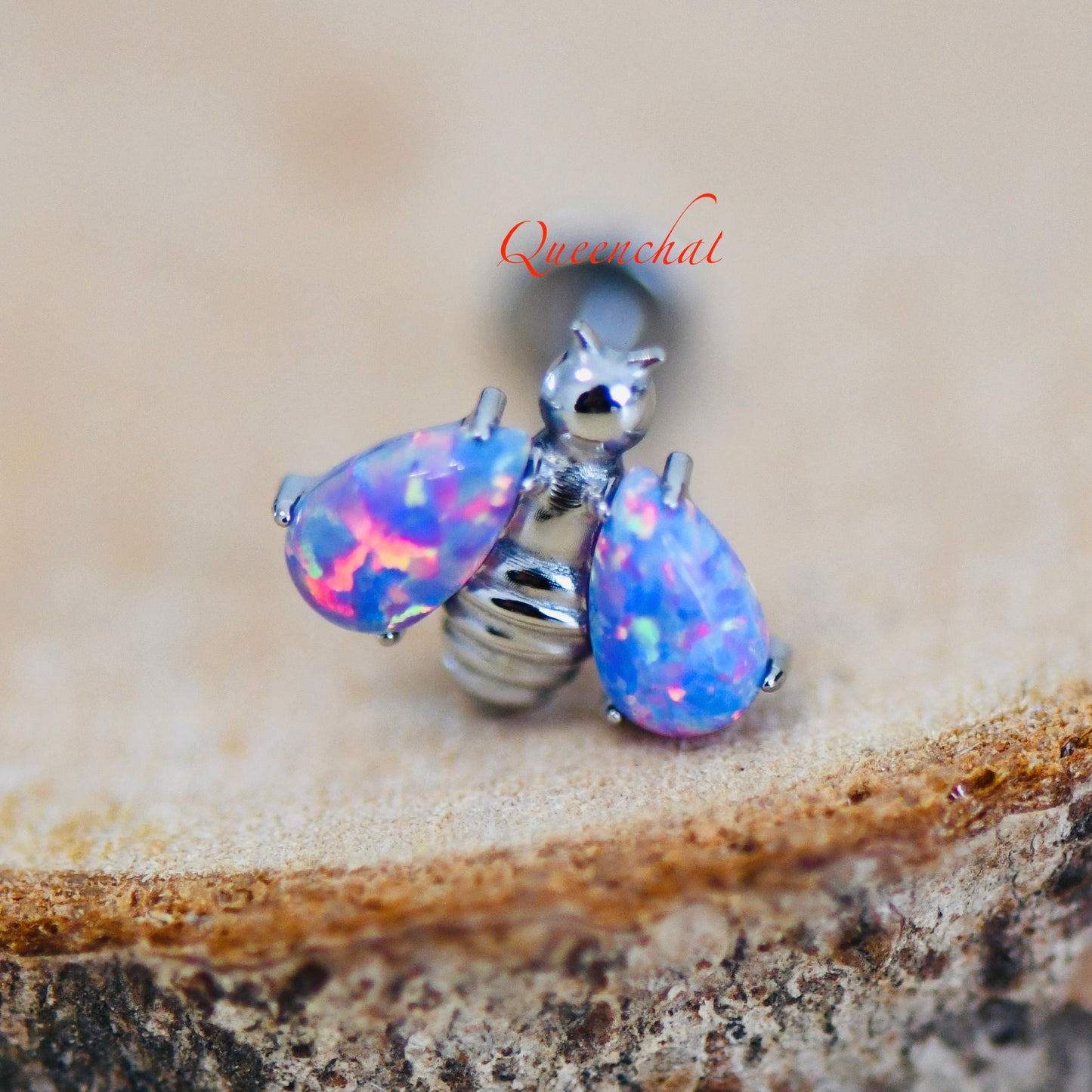 16G, F316 Titanium Opal Bee Labret Internally Threaded 8mm Bar