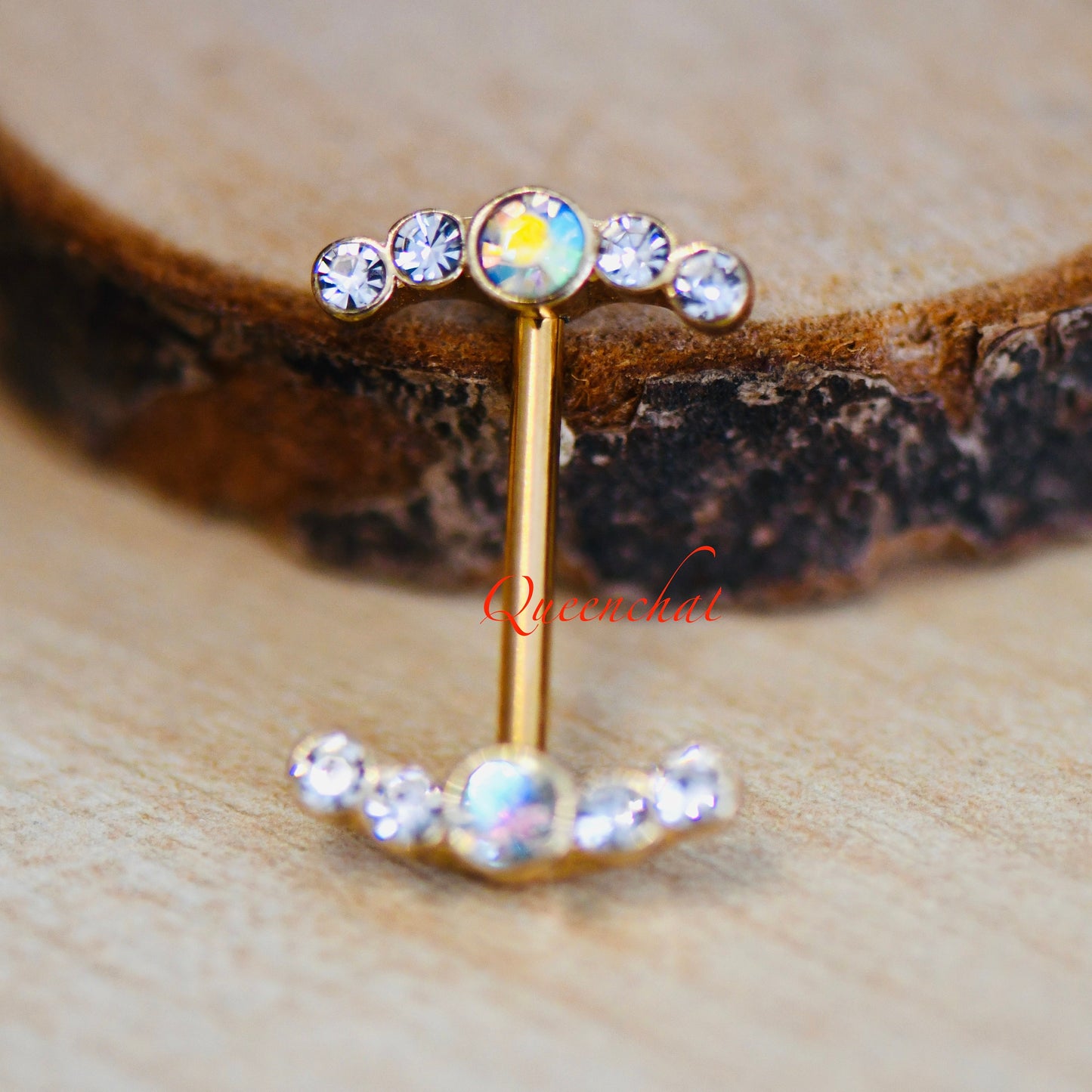 316L Surgical Steel 14G AB Rainbow CZ Curve Ends Gold Nipple Bars