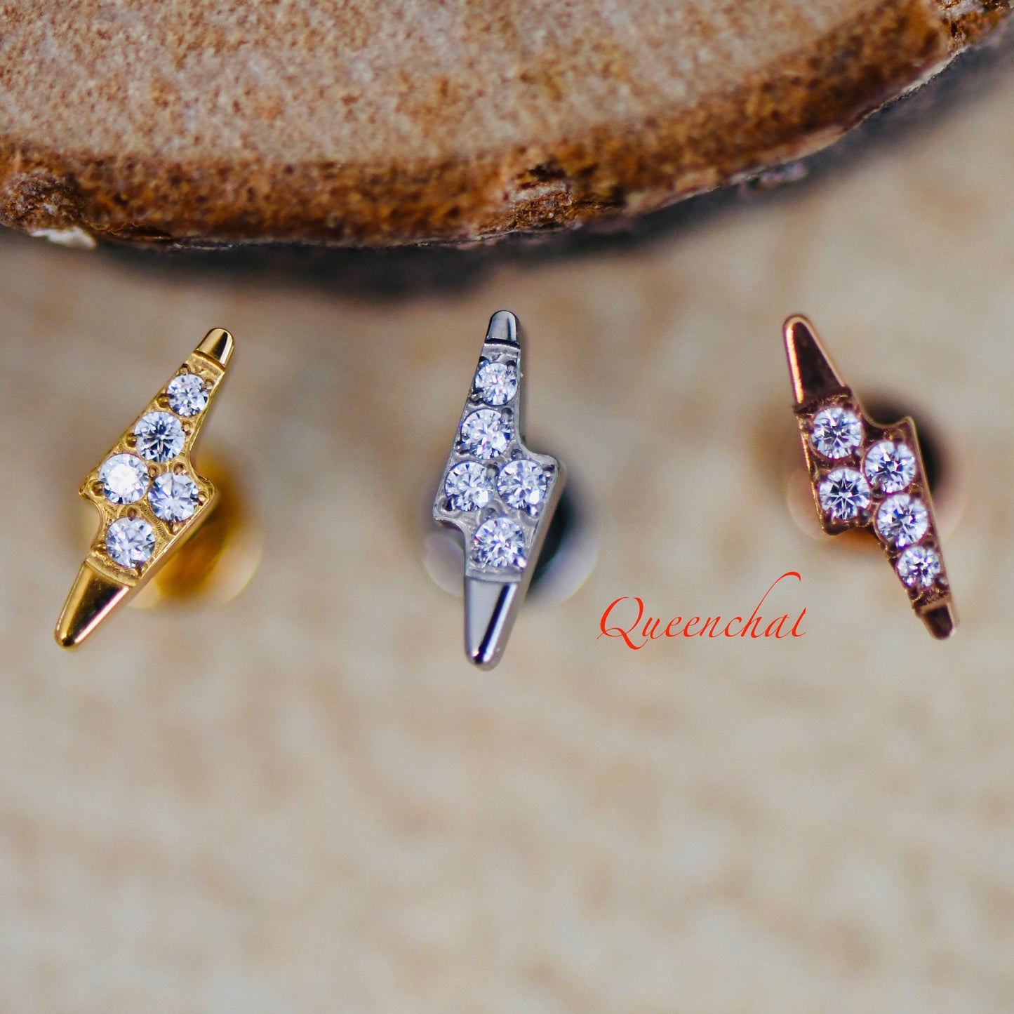 F136 Titanium 18g, 16g Lighting Bolt Push Pin Labret Cartilage Stud, Helix, Conch Ear Piercing Floral Labret Stud