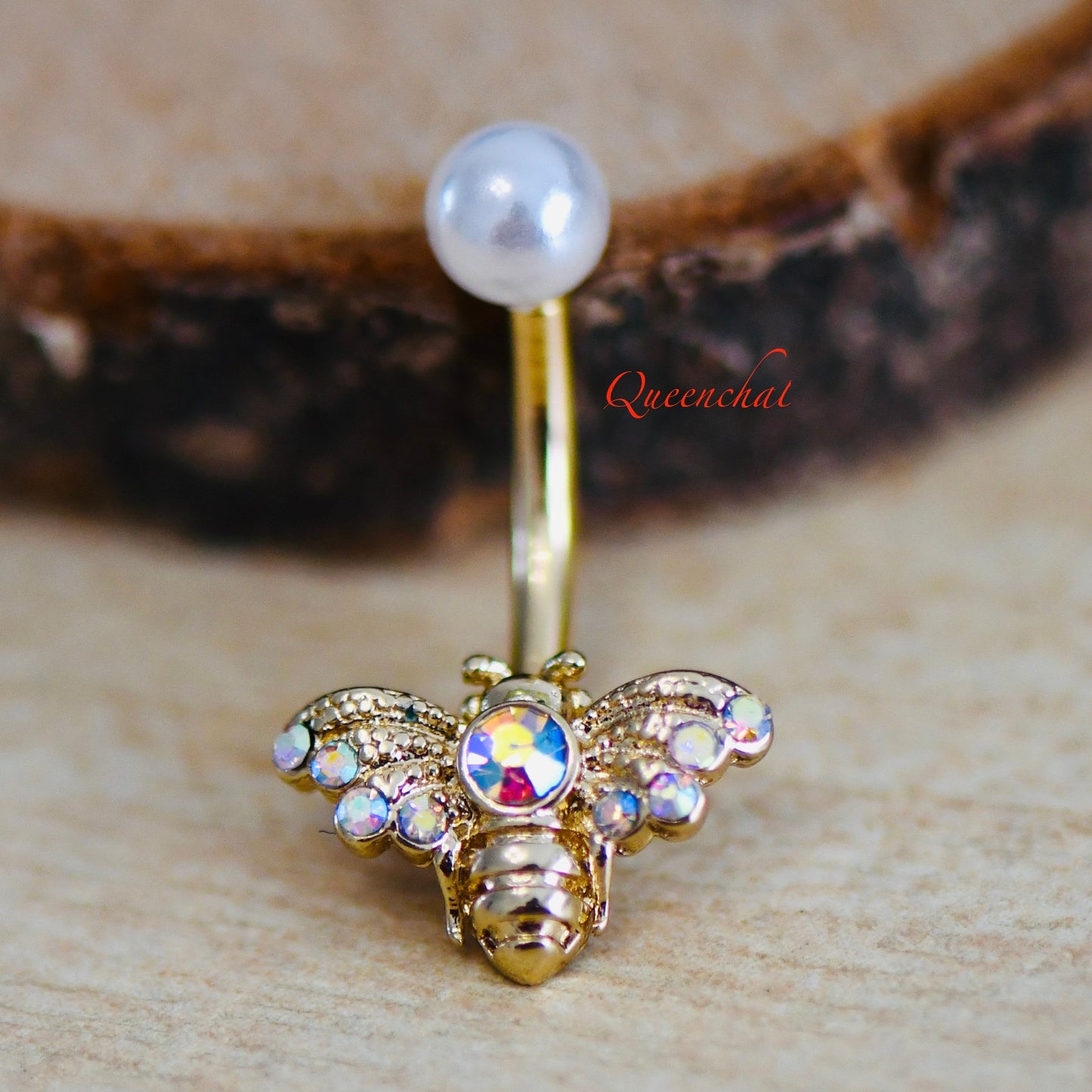 14G 316L Surgical Steel Golden Bee With AB Crystals & Pearl Belly Bar Navel Ring Navel Piercing Jewellery