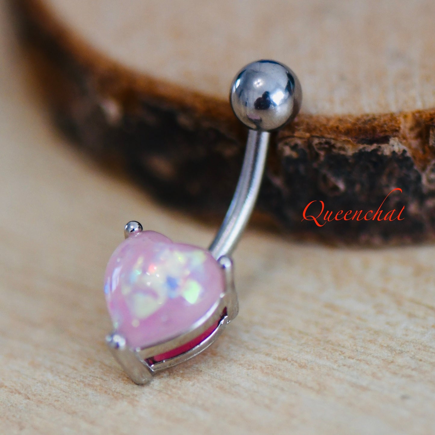 316L Surgical Steel 14G Pink Opal Belly Bar, Navel Ring Belly Piercing Jewellery