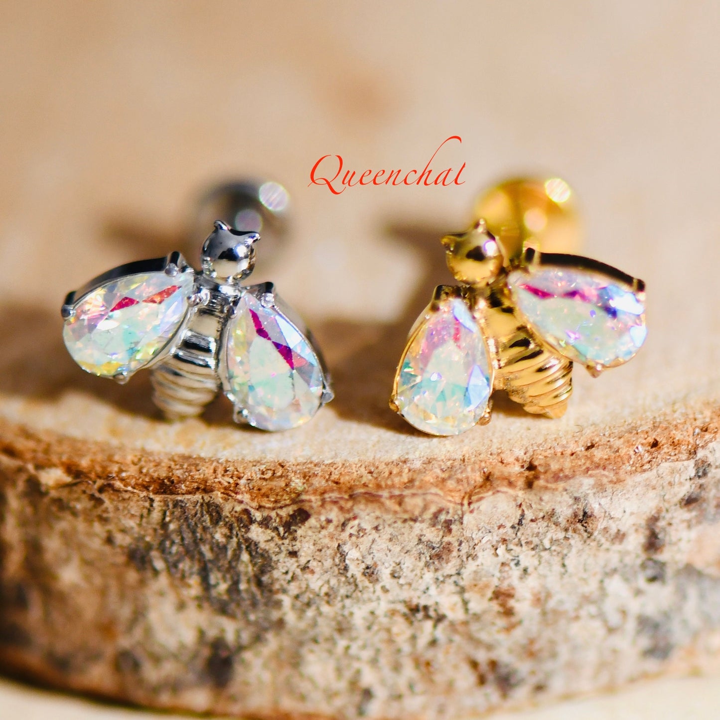 316L Surgical Steel 16G Internally Threaded AB Cz Bee Labret Stud Earring 8mm Bar