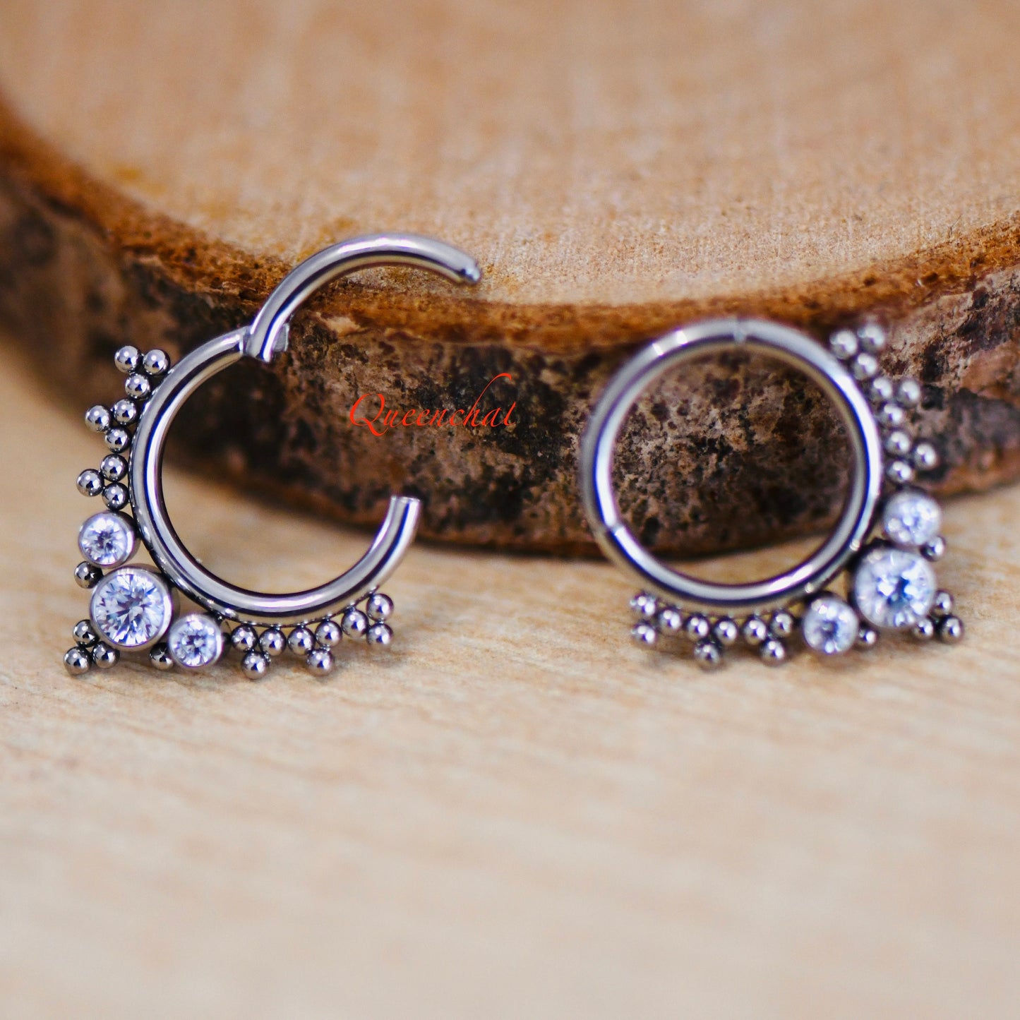 316L Surgical Steel 16G Sparkling V Shape CZ and Beaded Design Nose Ring Septum Clicker Cartilage Ring Hinged Segment Ring