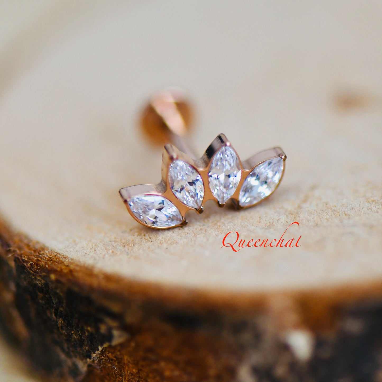 F136 Titanium 18g, 16g Four Petals Push Pin Labret Cartilage Stud, Helix, Conch Ear Piercing Floral Labret Stud