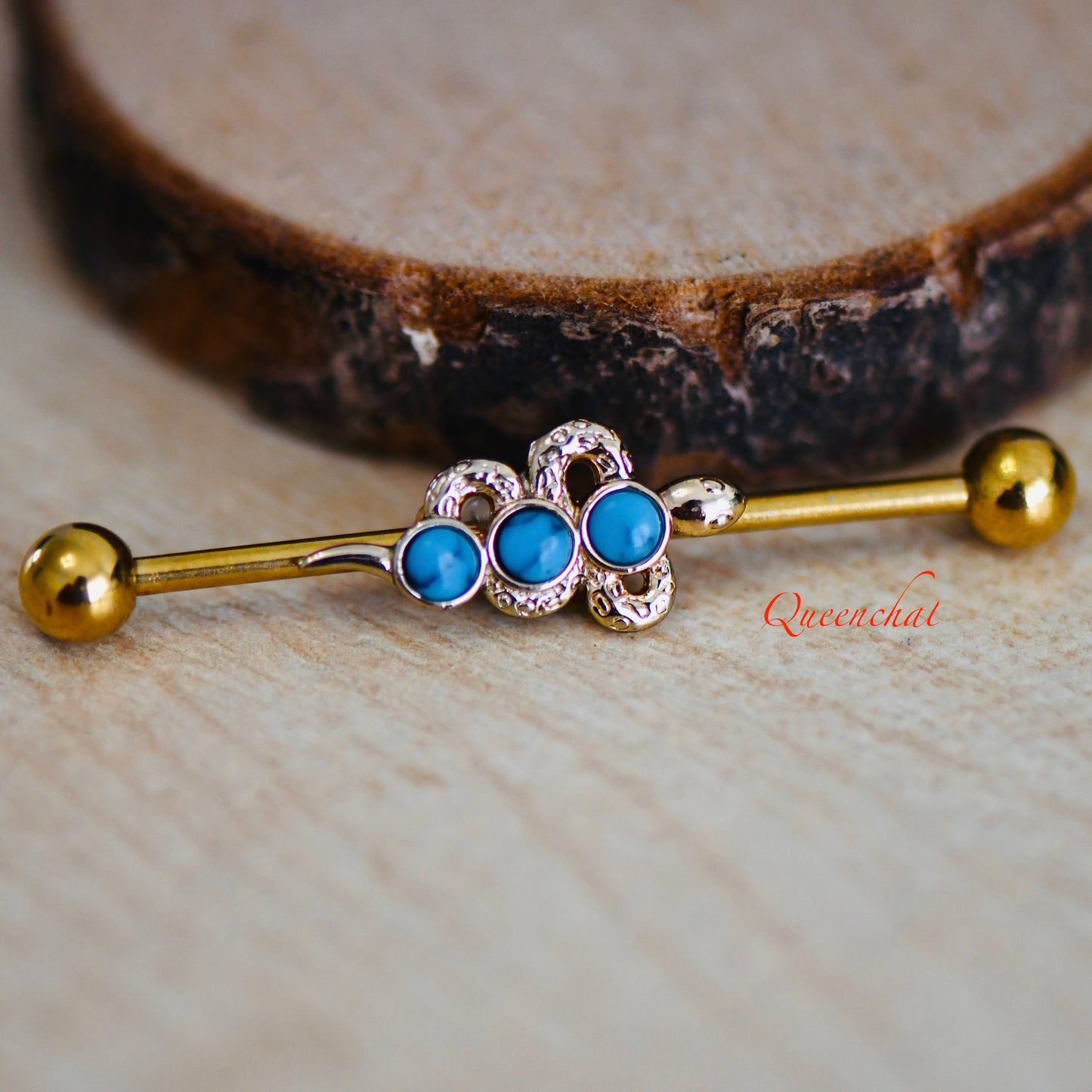 14G 316L Surgical Steel Golden Snake With Blue Turquoise Industrial Barbell Long Barbell Ear Piercing