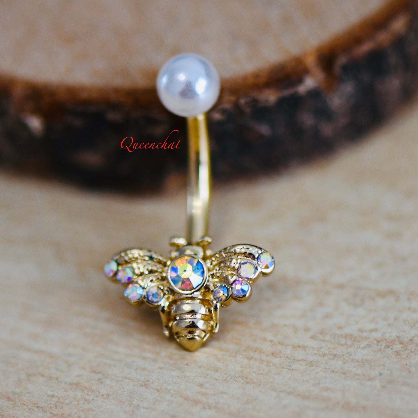 14G 316L Surgical Steel Golden Bee With AB Crystals & Pearl Belly Bar Navel Ring Navel Piercing Jewellery