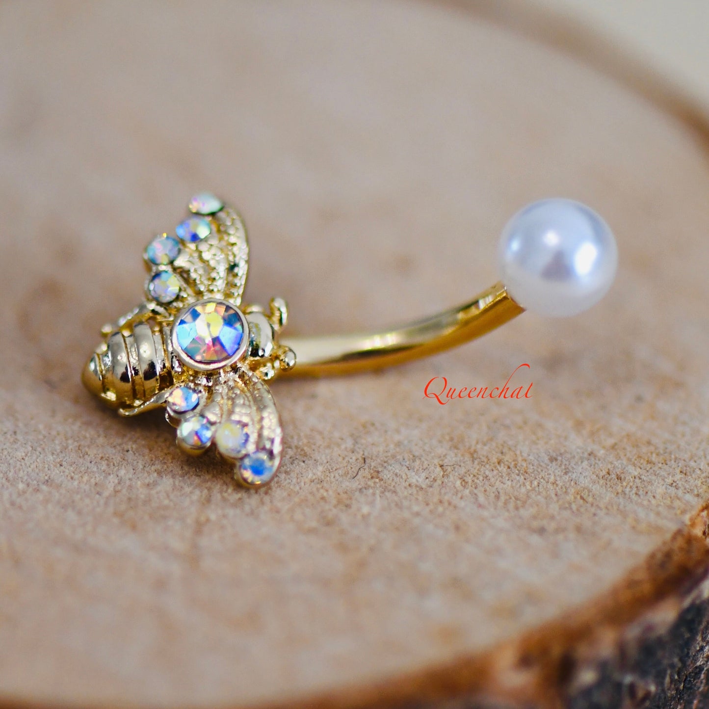 14G 316L Surgical Steel Golden Bee With AB Crystals & Pearl Belly Bar Navel Ring Navel Piercing Jewellery