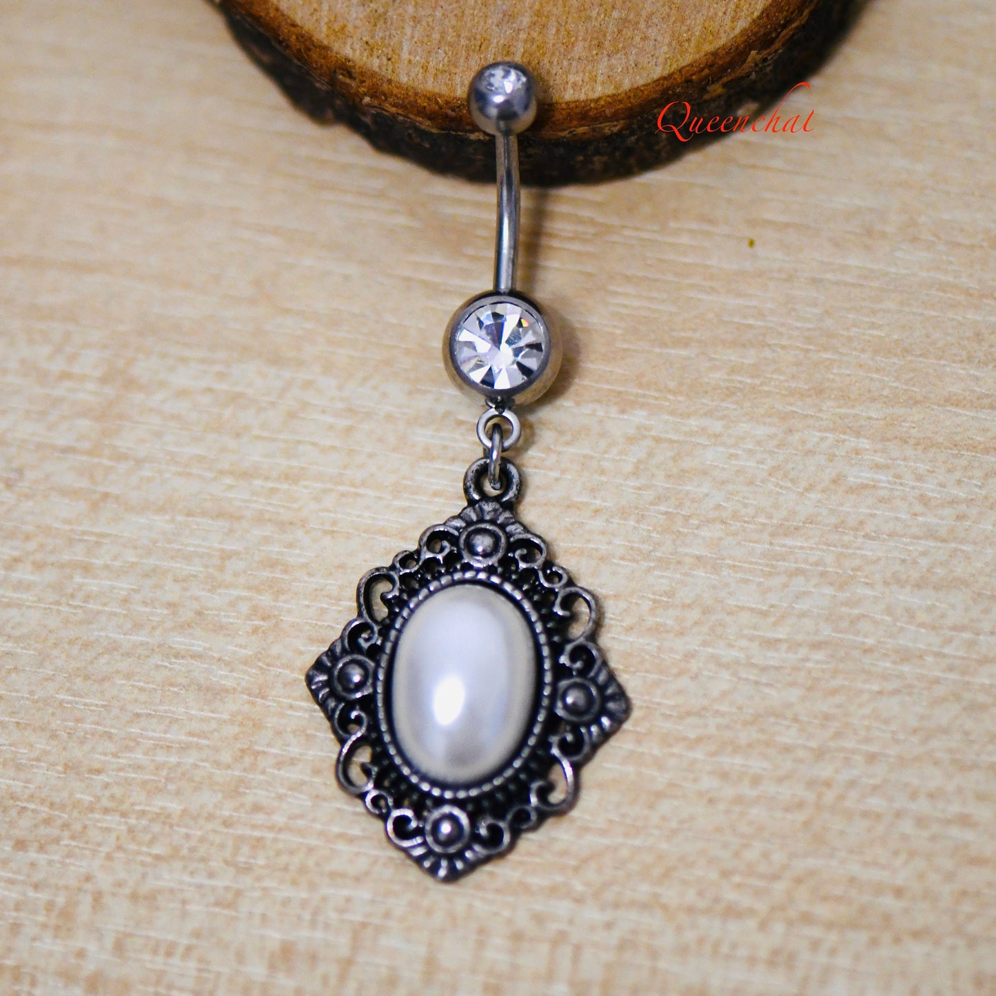 316L Surgical Steel 14G Dangling Pearl Charm Belly Bar, Navel Ring Belly Piercing Jewellery Navel Ring