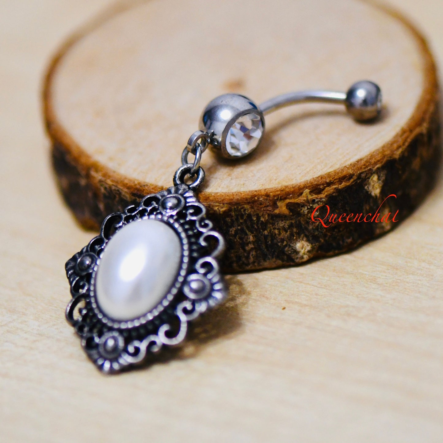 316L Surgical Steel 14G Dangling Pearl Charm Belly Bar, Navel Ring Belly Piercing Jewellery Navel Ring