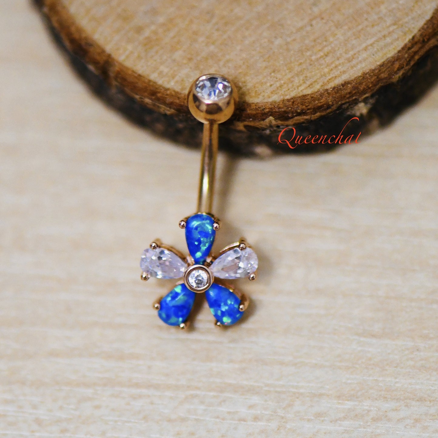 316L Surgical Steel 14G Blue Opal & CZ Flower Belly Silver Belly Bar, Navel Ring Belly Piercing Jewellery