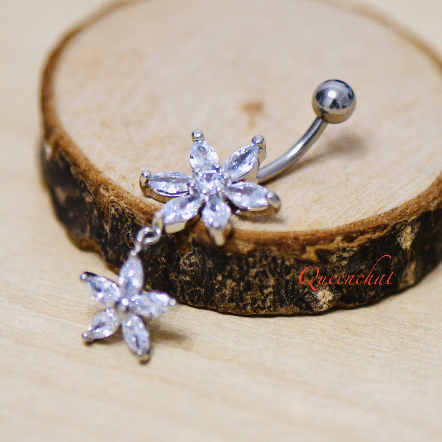 14G 316L Surgical Steel Dangling Daisies Belly Bar Navel Ring
