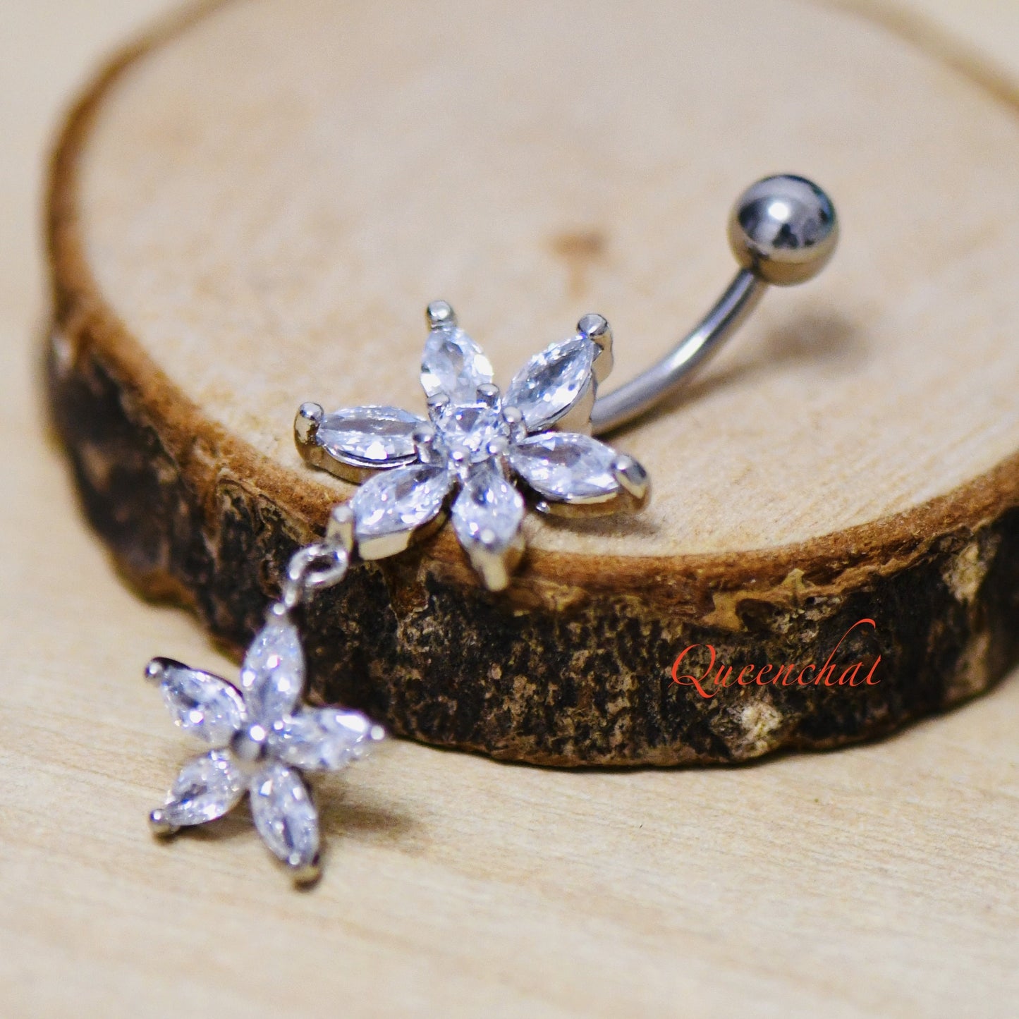 14G 316L Surgical Steel Dangling Daisies Belly Bar Navel Ring