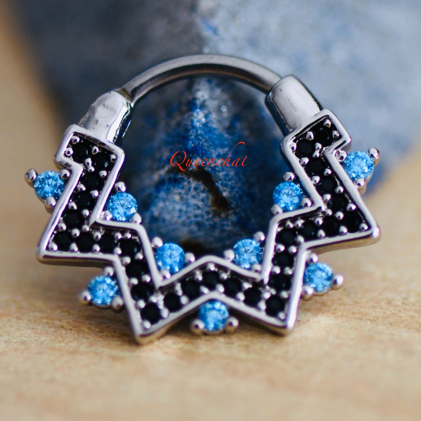 16G Aquamarine & Black CZ Zig Zag Design Septum Ring Ring Daith Septum Ring Hinged Clicker