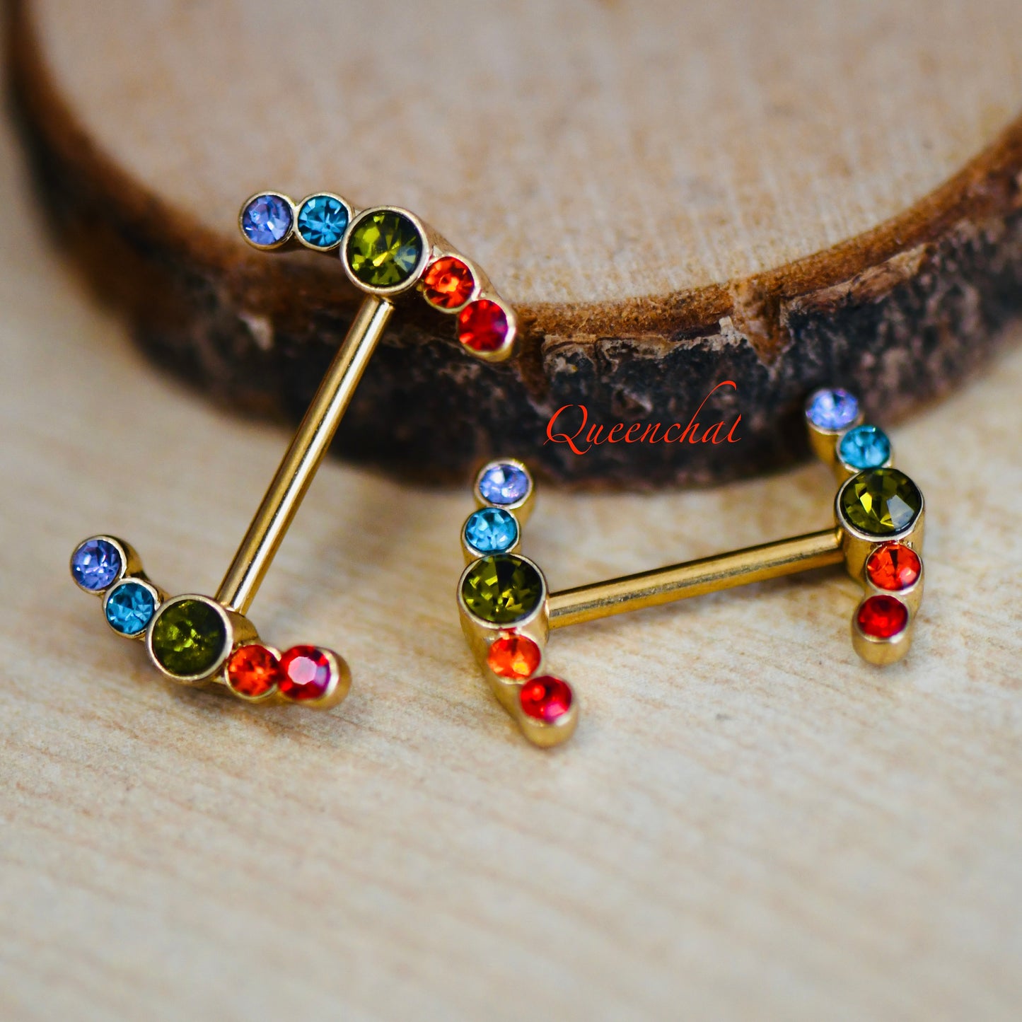 316L Surgical Steel 14G Multi Colour CZ Curve Ends Gold Nipple Bars