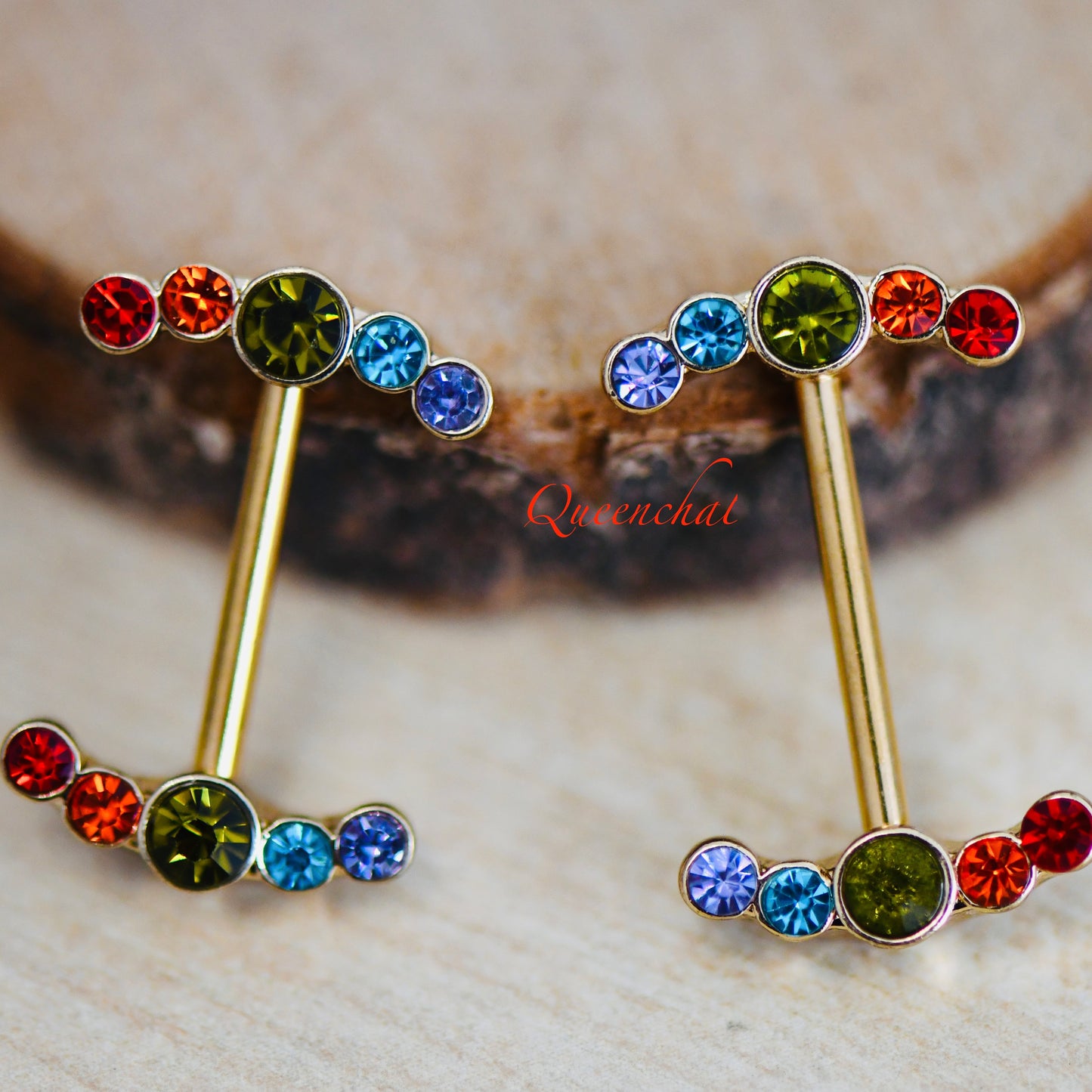 316L Surgical Steel 14G Multi Colour CZ Curve Ends Gold Nipple Bars