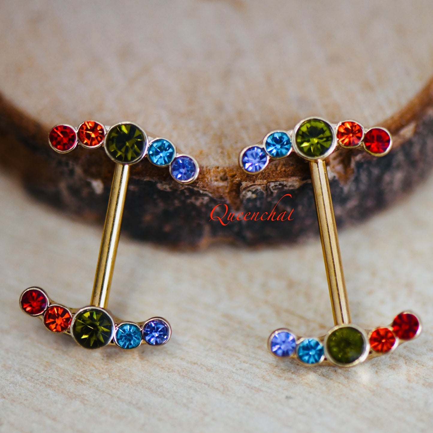 316L Surgical Steel 14G Multi Colour CZ Curve Ends Gold Nipple Bars