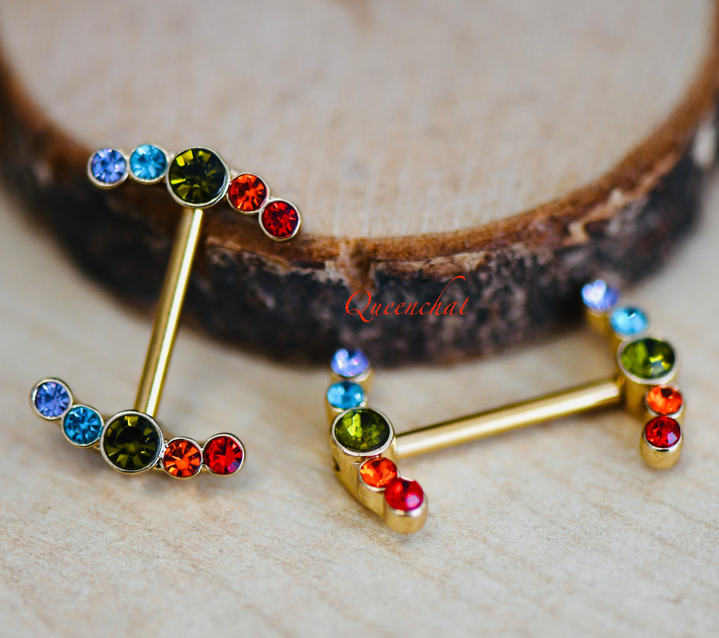 316L Surgical Steel 14G Multi Colour CZ Curve Ends Gold Nipple Bars