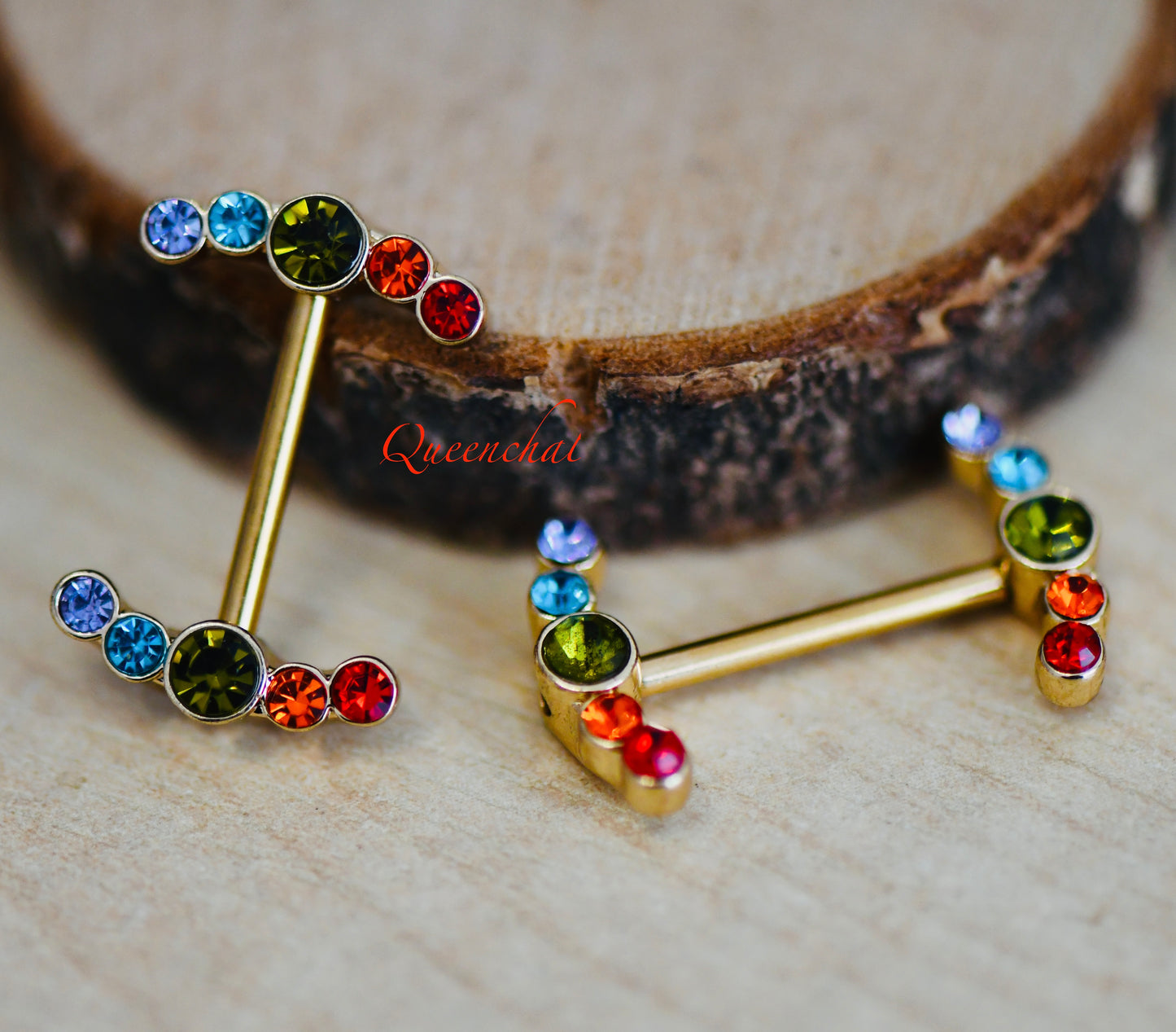 316L Surgical Steel 14G Multi Colour CZ Curve Ends Gold Nipple Bars