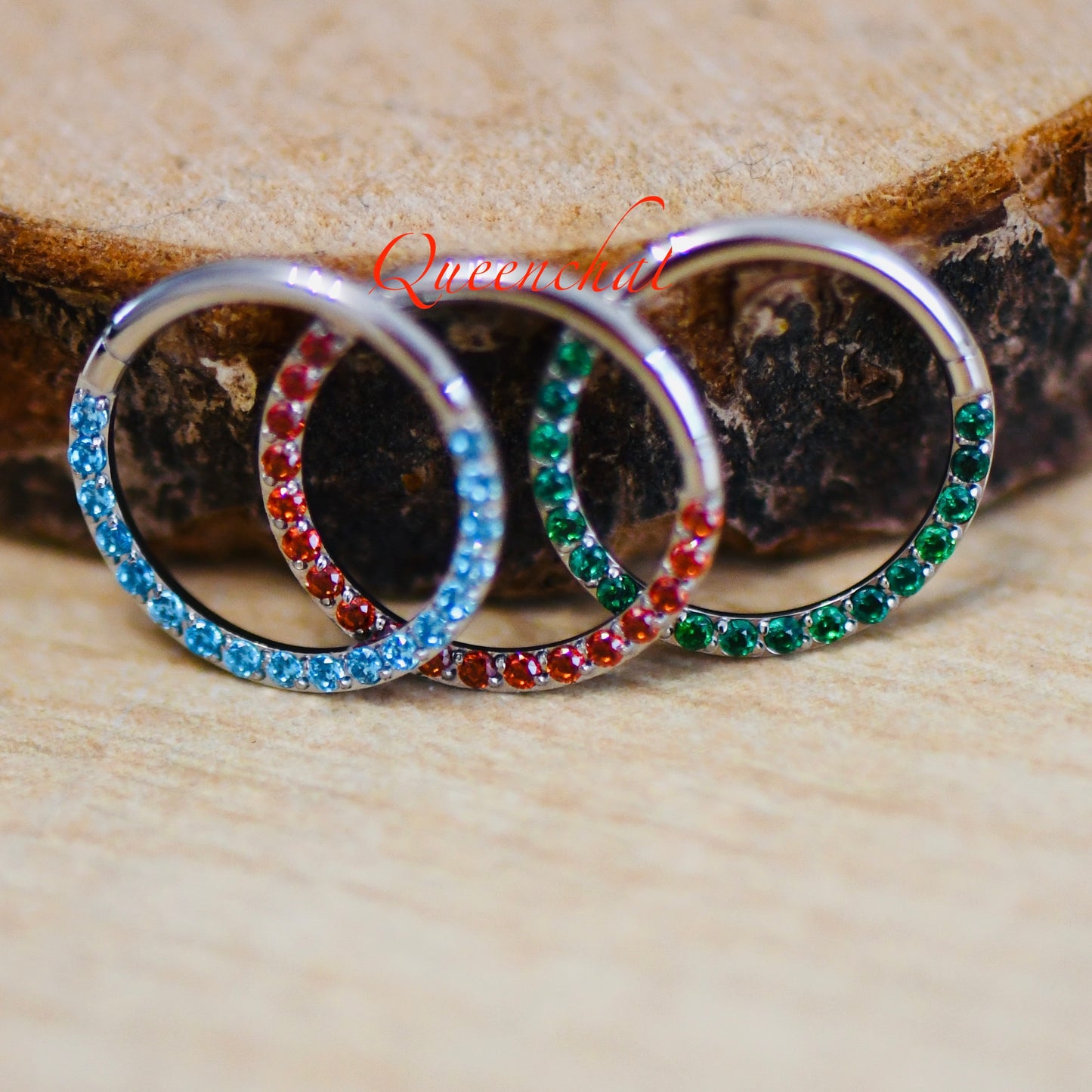 16G Garnet Aquamarine Emerald Segment Ring Daith/Septum Ring Hinged Clicker Ring Red Blue Green CZ Septum Ring
