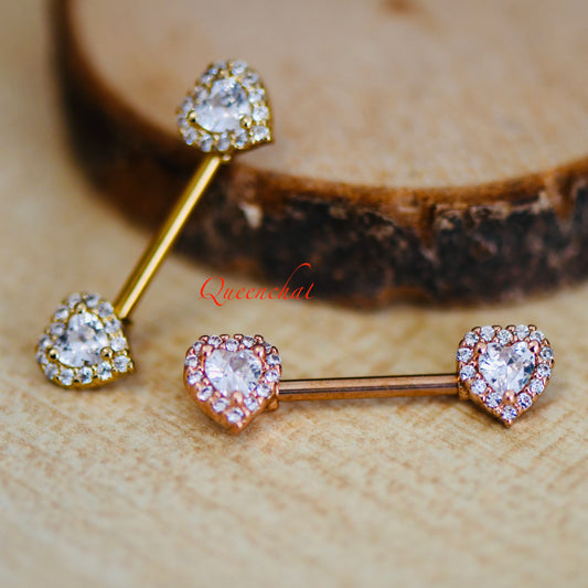 316L Surgical Steel 14G CZ Hears Gold, Rose Gold Nipple Bars