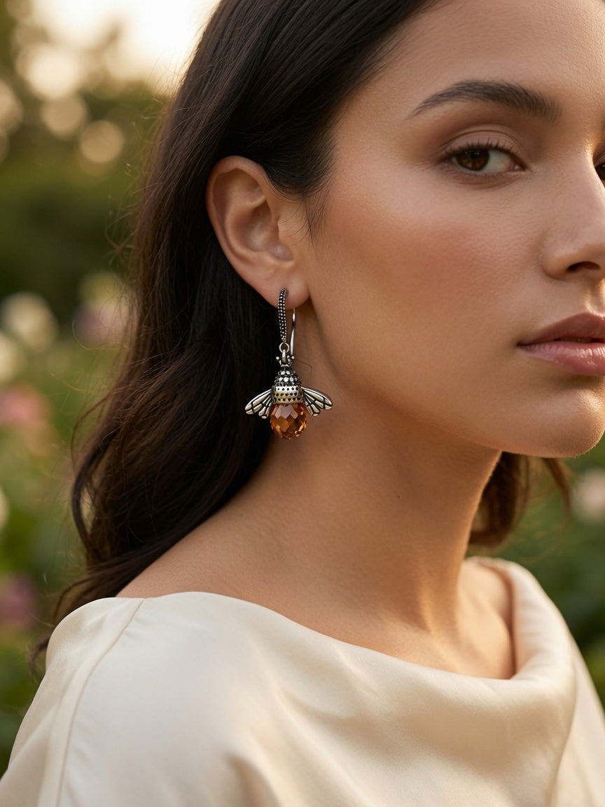 S925 Sterling Silver Bee Dangle Earrings with Honey Amber Crystal