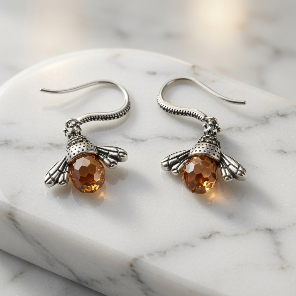 S925 Sterling Silver Bee Dangle Earrings with Honey Amber Crystal