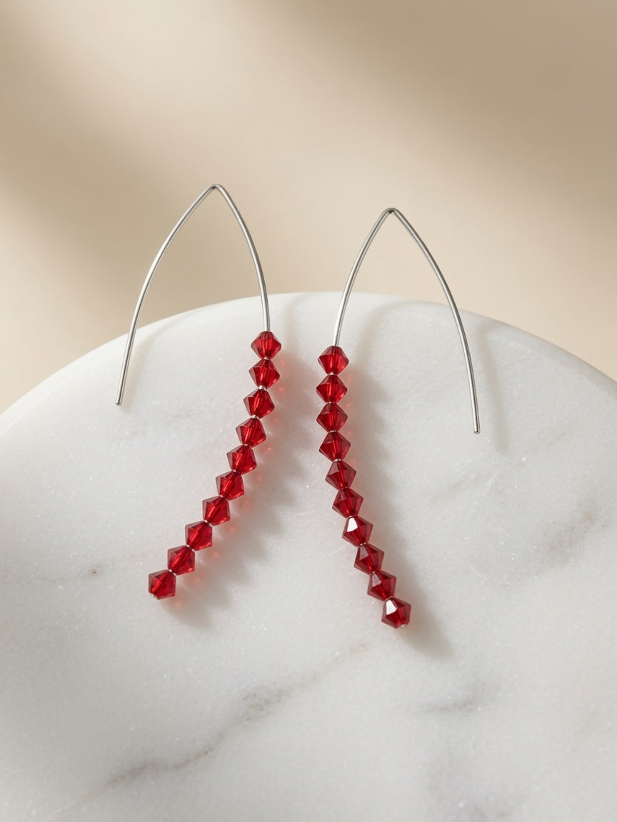 S925 Sterling Silver Red Crystal Threader Earrings - Blue, Red
