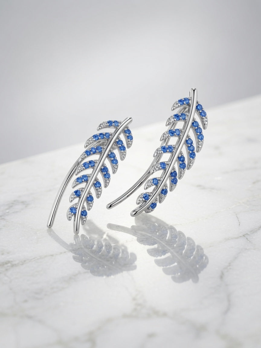 S925 Sterling Silver Feather Ear Climber Earrings with Blue CZ